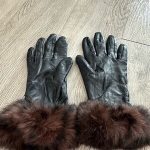 Vintage Black Leather Brown Mink Fur Cuff Evening Gloves 7
